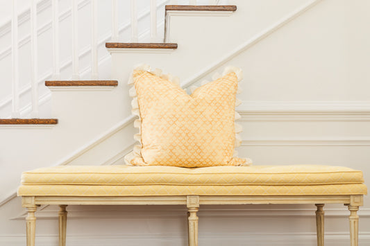 Yellow Fortuny Style Fabric Pillow with Pleated Ribbon Accent