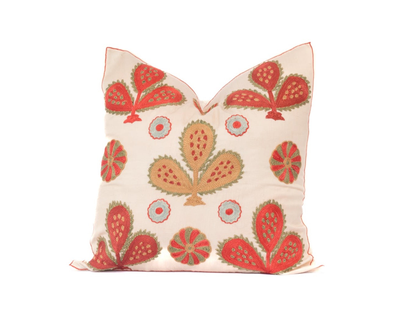 Gold and Red and Turquoise Floral Embroidered 20" Pillow