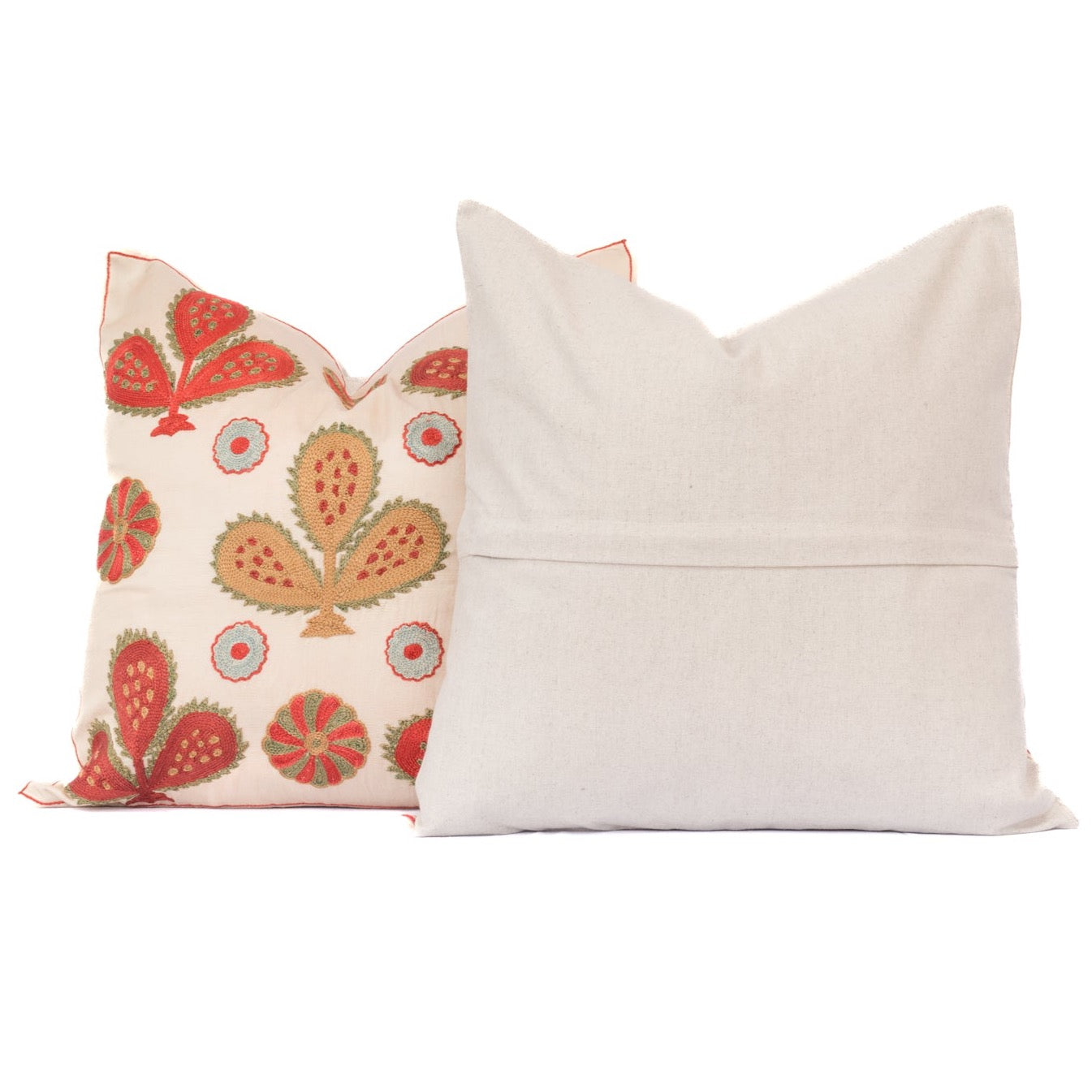 Gold and Red and Turquoise Floral Embroidered 20" Pillow