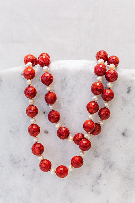 Coral and White Freshwater Pearl Necklace